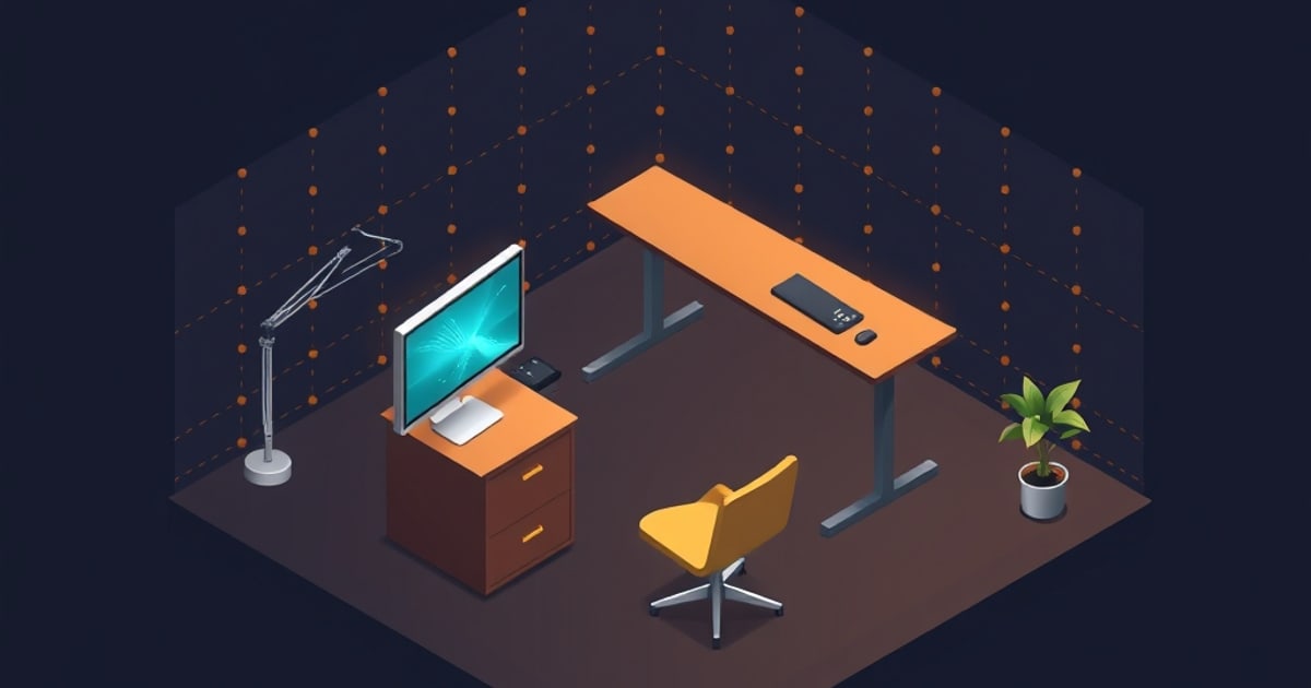 A height-adjustable standing desk in a home workspace