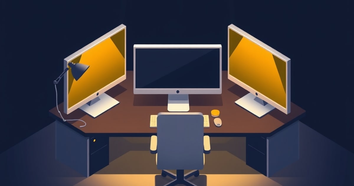 A desk with a monitor positioned and lit for comfortable long work sessions
